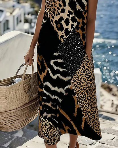 Patchwork Leopard Print Sleeveless Long Dress
