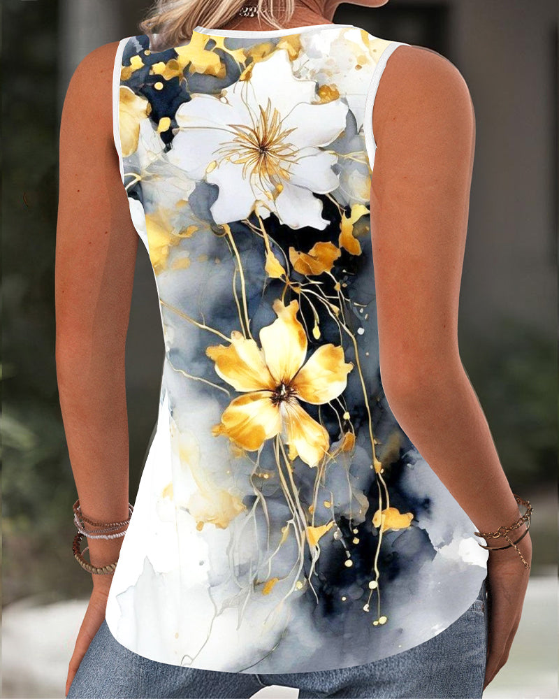 Sleeveless Hollow Cross Tie Printed Tank Top