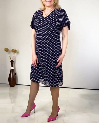 V-Neck Polka Dot Chiffon Dress