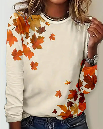 Cozy Maple Leaf Print Crew Neck Casual Long Sleeve Top 2024 f/w blouses & shirts thanksgiving