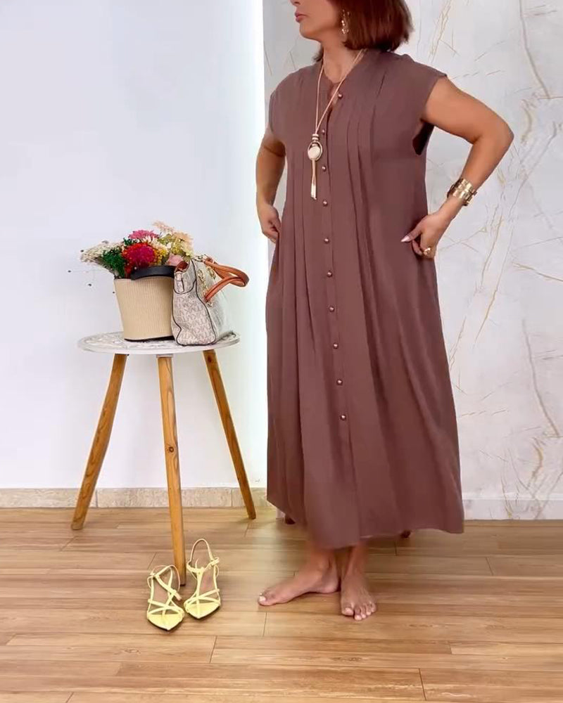 Sleeveless Stand Collar Pleated Waist Dress