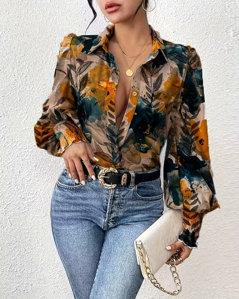 Smocked Long Sleeve Printed Blouse