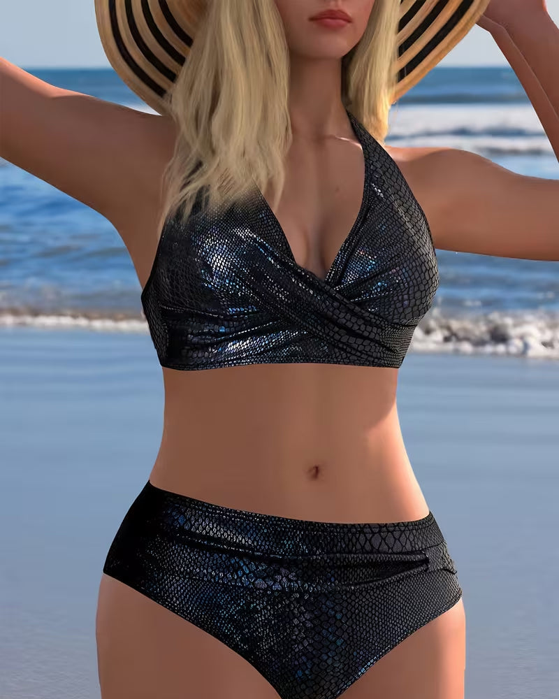 Snake Print Laser Halter Bikini