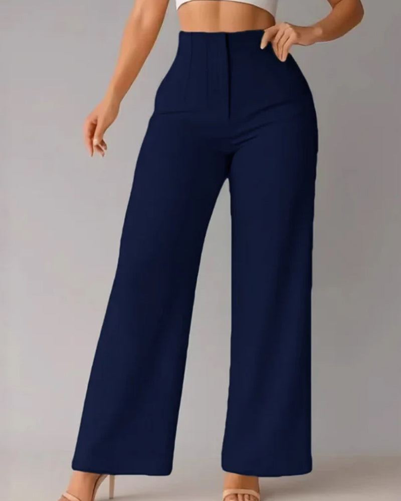 Solid Casual Blazer Wide Leg Pant