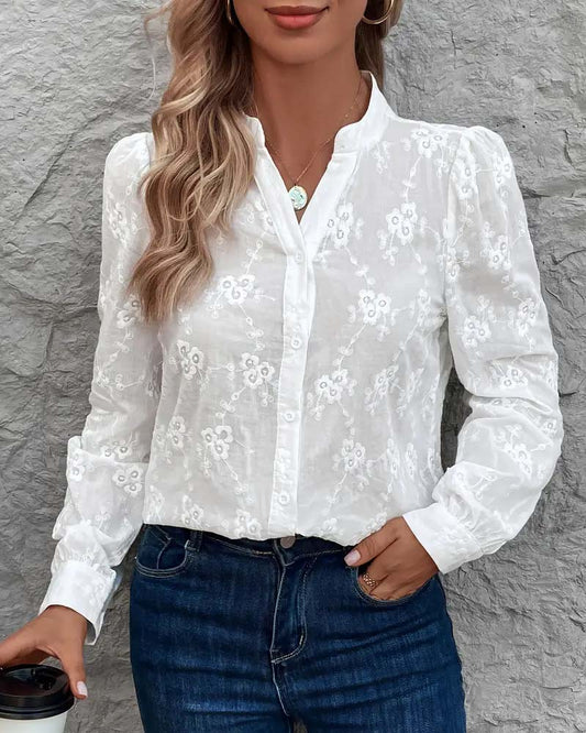 Camicia a maniche lunghe con scollo a V e tinta unita