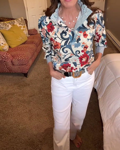 Puff Sleeve Floral Striped Blouse