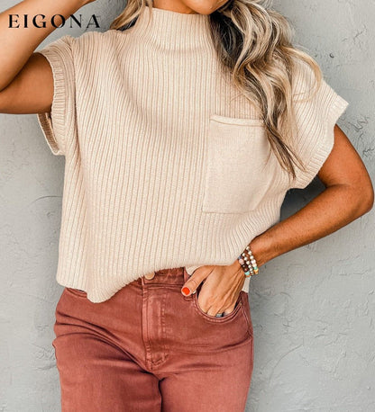 Oatmeal Patch Pocket Ribbed Knit Short Sleeve Sweater All In Stock Best Sellers cable knit clothes EDM Monthly Recomend Fabric Ribbed Hot picks Occasion Daily Print Solid Color Season Fall & Autumn shirt shirts short sleeve shirt Sleeve Short Sleeve Style Casual Sweater sweaters top tops