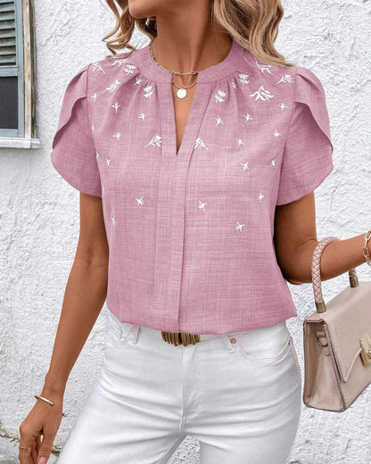 V-Neck Petal Sleeve Printed Blouse