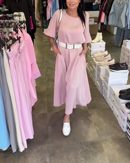 Solid Color Lantern Sleeve Dress