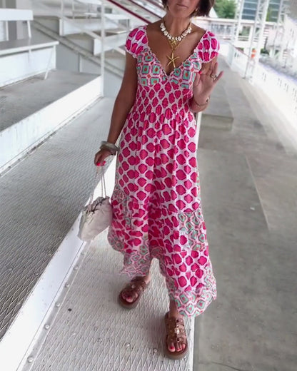 Abito lungo stampato con scollo a V profondo sexy