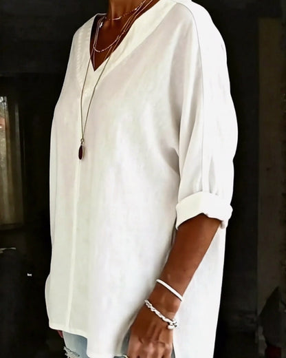 V-Neck Seven-Part Sleeve Split Cotton Linen Top