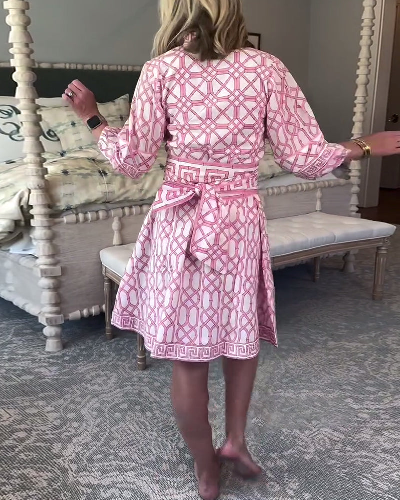 Lantern Sleeves Stand Collar Printed Loose Dress