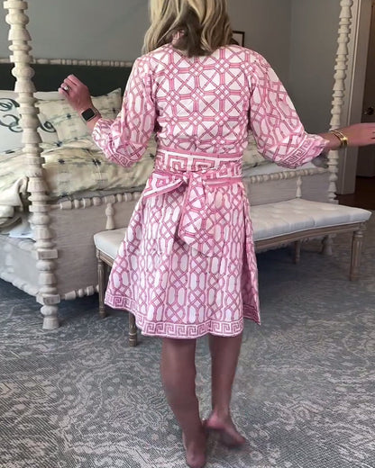 Lantern Sleeves Stand Collar Printed Loose Dress