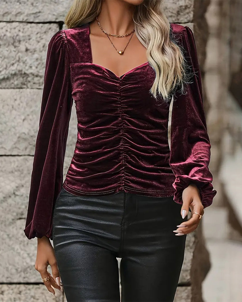 Stylish Puff-Sleeved Ruched Velvet Top