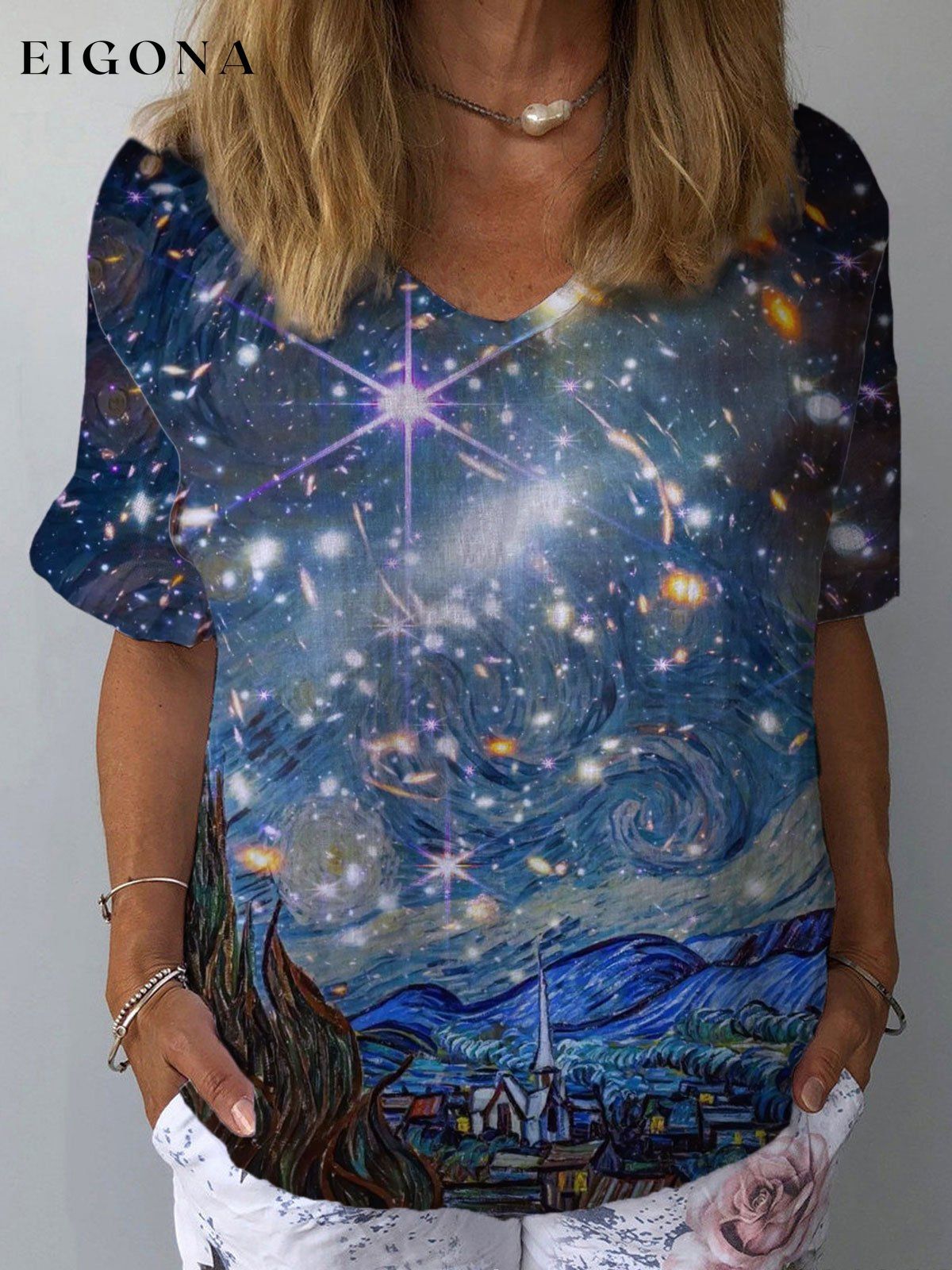 Women's Art Star Print Casual V-Neck Short Sleeve Top starry