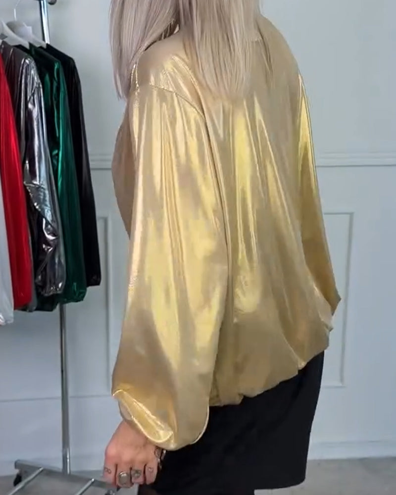 Loose V-Neck Long-Sleeved Top