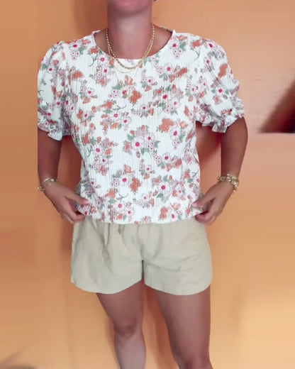 Round Neck Floral Short Sleeve Blouse