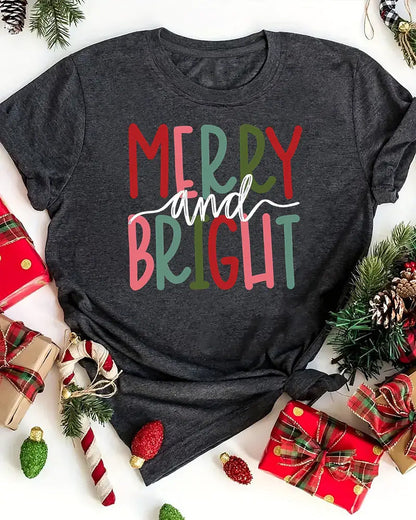 Vibrant Merry & Bright Alphabet Print Crew Neck T-Shirt christmas spring t-shirts