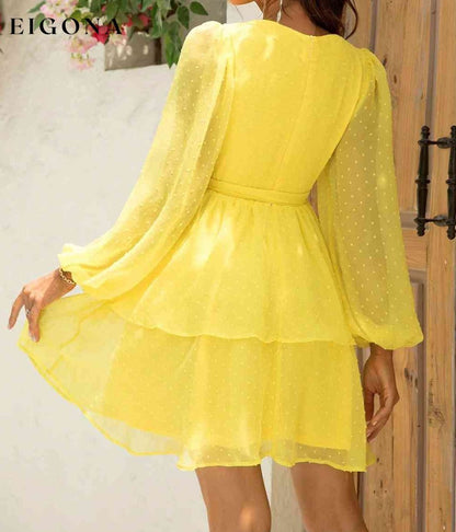 Tie Waist Balloon Sleeve Layered Dress clothes dress dresses layered dress mini dress Ringing-N Ship From Overseas