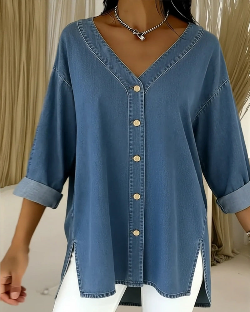 Button-Down V-Neck Denim Long-Sleeved Shirt