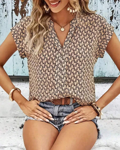 V-Neck Printed Casual Short-Sleeved Blouse