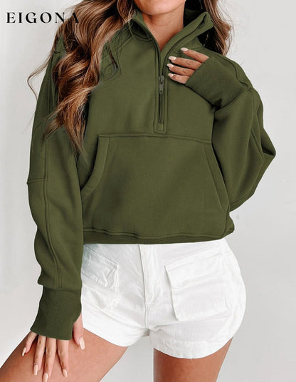 Green Zip Up Stand Collar Ribbed Thumbhole Sleeve Sweatshirt clothes Craft Patchwork Fall To Winter Occasion Daily Outerwear Print Solid Color Season Fall & Autumn Style Casual Sweater sweaters