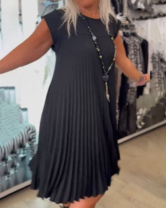 Robe décontractée plissée de couleur unie à col rond