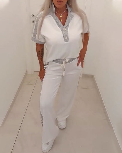 Color Block Camp Collar Casual Set