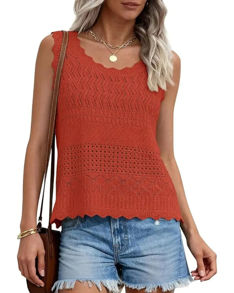 Hollow-Out Wavy Edge Sleeveless Tank Top