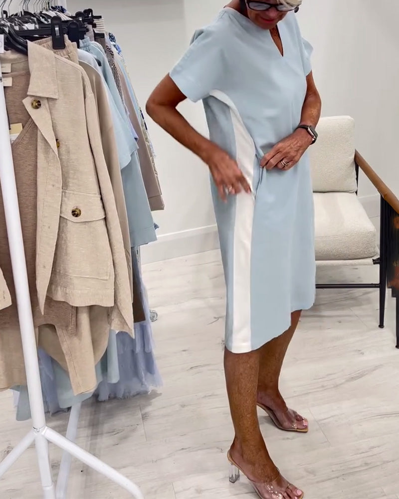 Short-Sleeved Contrast Color Straight Dress