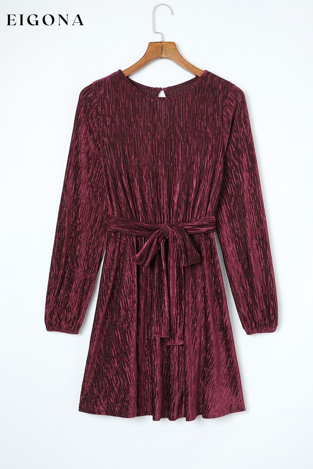 Fiery Red Tie Waist Crinkle Velvet Dress casual dress casual dresses clothes Color Purple dress dresses Fabric Velvet long sleeve dresses Occasion Daily Print Solid Color Season Winter short dresses Silhouette A-Line Style Elegant