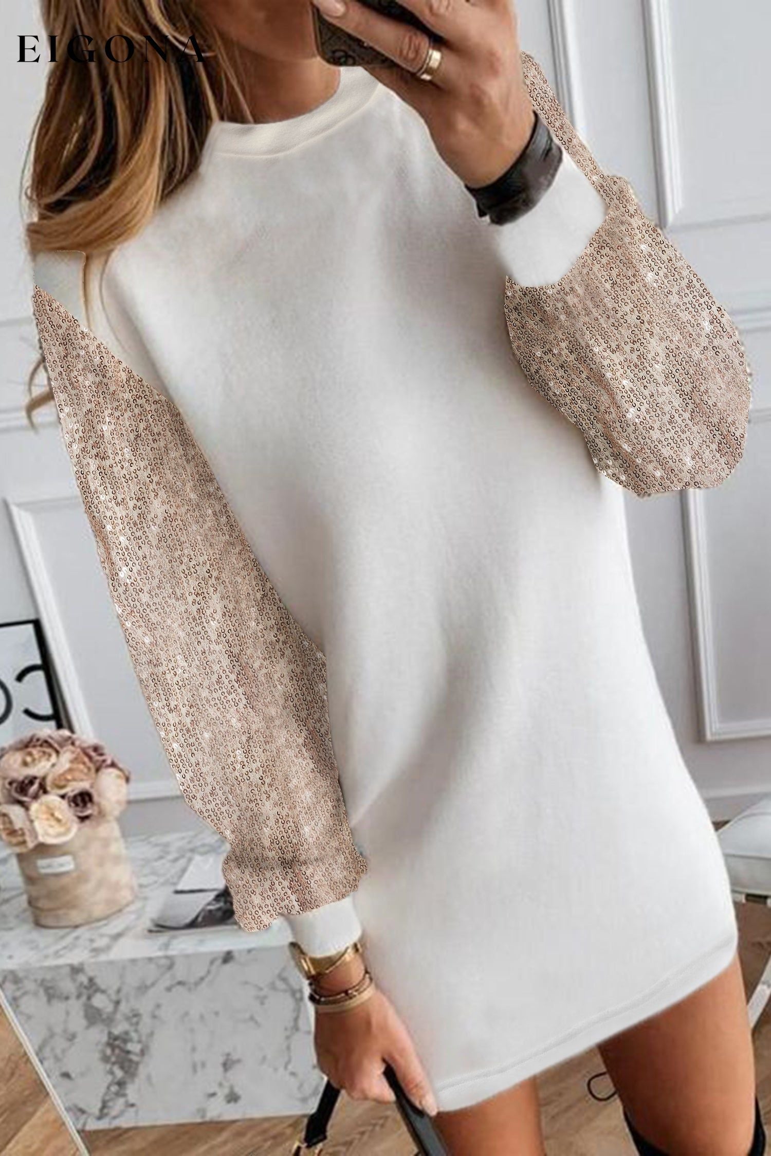 White Sequin Puff Sleeve Shift Mini Long Sleeve Sweater Dress casual dresses clothes Craft Sequin Day Christmas dress dresses Hot picks long sleeve dress long sleeve dresses Occasion Daily Print Solid Color Season Winter short dresses Style Elegant