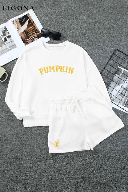 White PUMPKIN Flocking Graphic Pullover Sweatshirt and Shorts Set 2 piece All In Stock clothes Day Halloween halloween Occasion Home Season Fall & Autumn set sweatshirt set