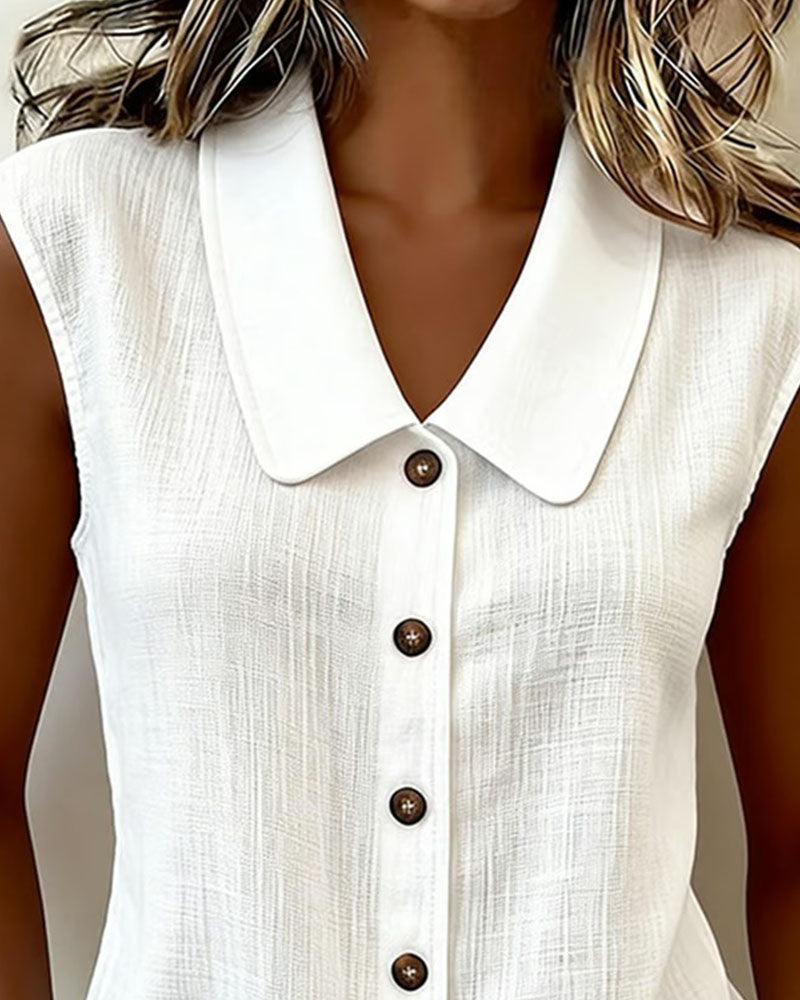 Sleeveless Lapel Linen-Cotton Shirt