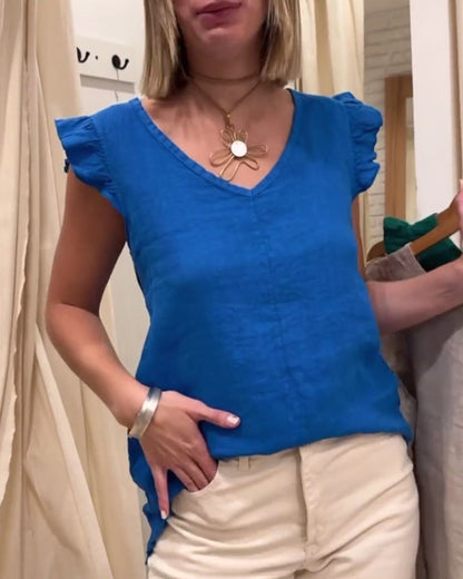 Camicetta senza maniche con scollo a V e volant alla francese