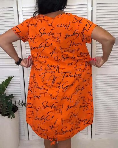 Round Neck Lettering Short Sleeve Dress
