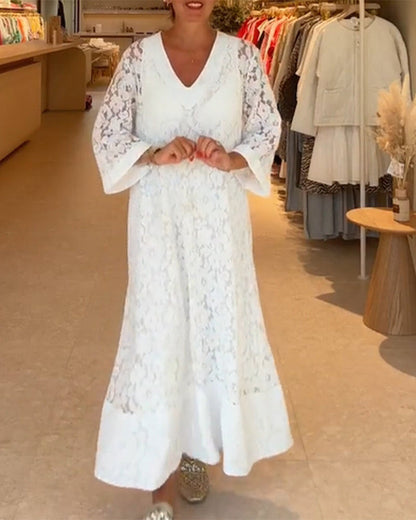 V-neck hollow lace flower loose Dress