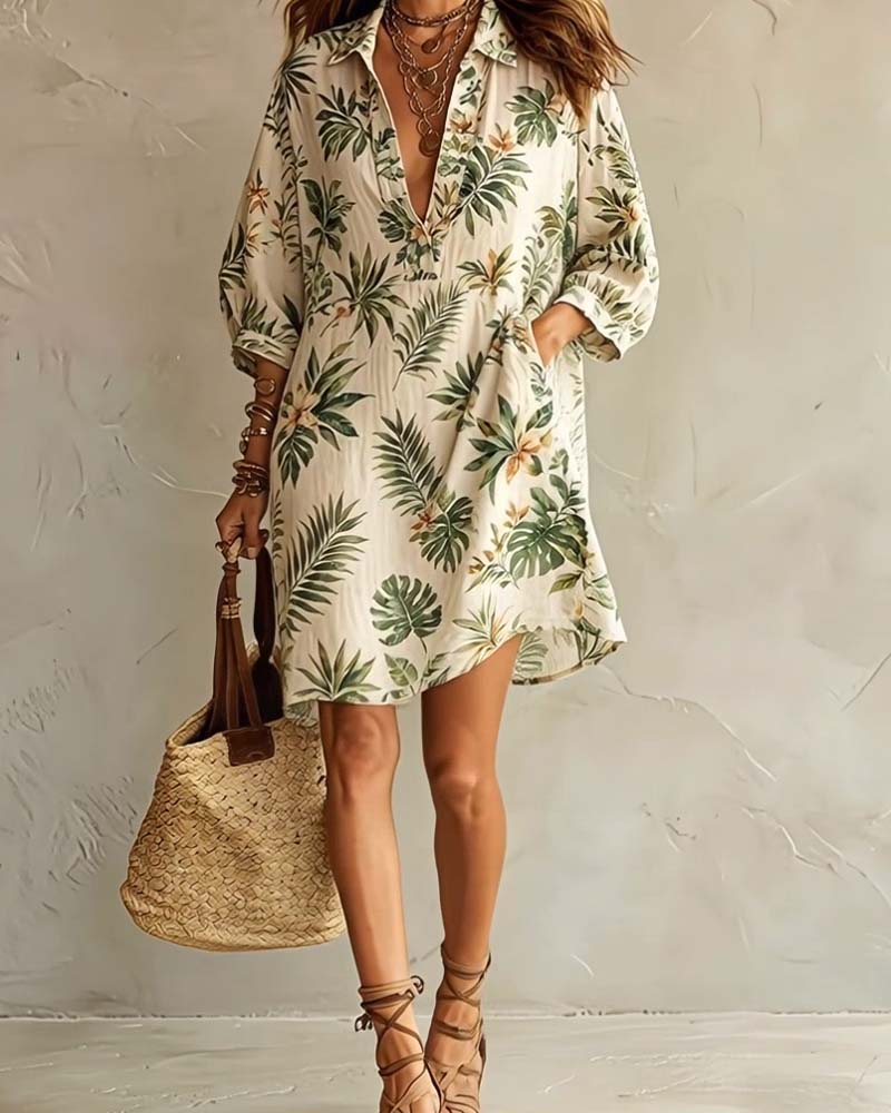 Puff Sleeve V-Lapel Floral Print Dress