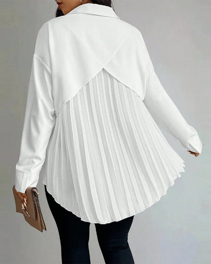 Lapel Long Sleeve Pleated Blouse