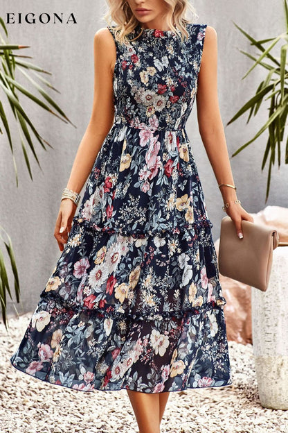 Frill Trim Smocked Sleeveless Floral Midi Dress Dark Navy casual dress casual dresses clothes dress dresses DY midi dress Ship From Overseas short sleeve dress short sleeve dresses