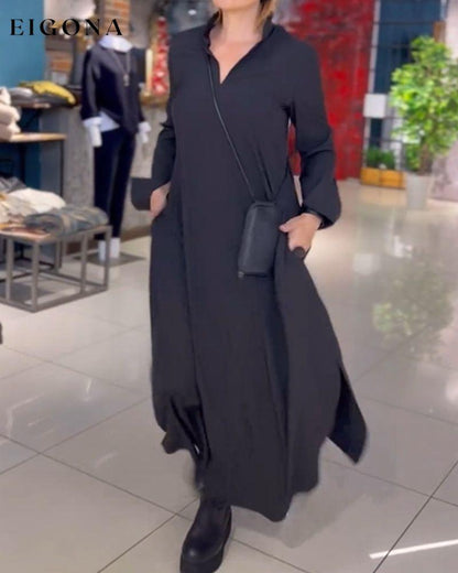 Side slit lapel loose long dress Black 2023 f/w casual dresses Clothes discount Dresses spring