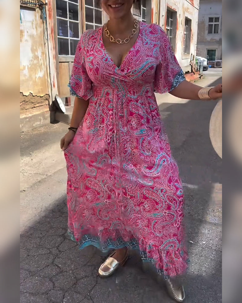 V-Neck Printed Waist Dress