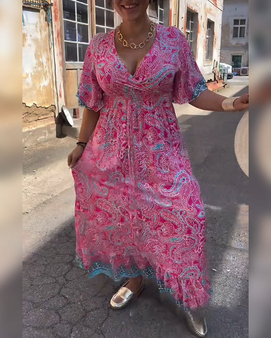 V-Neck Printed Waist Dress