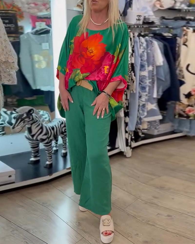 Bat-Sleeve Large Flower Print Blouse