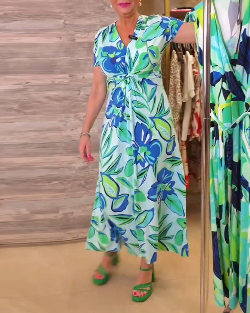 V-Neck Twist Floral Print Short-Sleeved Maxi Dress