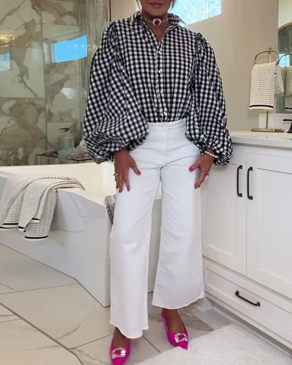 Casual Lantern Sleeve Plaid Shirt