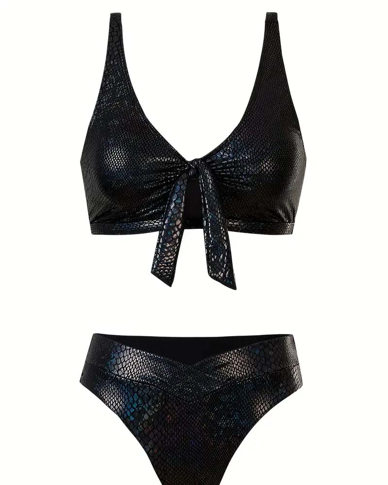 Snake Print Chest Tie High Waist Triangle Bikini