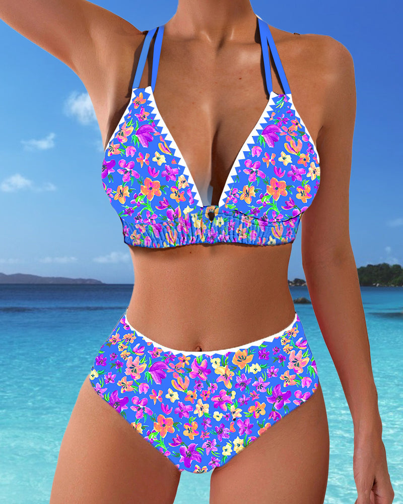 Sexy Bikini mit V-Ausschnitt und Blumenmuster