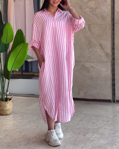 Loose Lapel Striped Dress