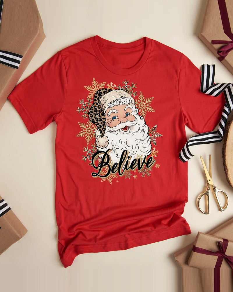 Leopard Santa Believe T-shirt christmas summer t-shirts